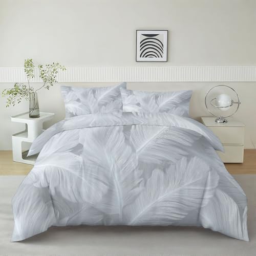 Housse de Couette 90 x 200 cm Photographie Motif De Plumes, Blanc Parure de Lit Enfant 1 Personne, Literie en Microfibre Douce et Respirante avec Fermeture...