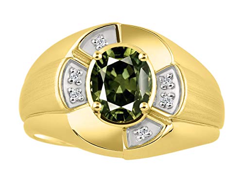 Image of Rylos Yellow Gold Plated Silver Men's & or Ladies Ring with 8X6MM Oval Gemstone & Diamonds - Unisex Color Stone Birthstone Ring Sizes 7-13