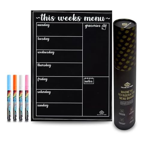 Magnetic Refrigerator Menu Board- Weekly Meal Planner with Bright Neon Liquid Markers- Perfect Weekly Planner, Magnetic Dry Erase Board for Meal Planning Grocery List Notes Do List- 12"x 16" Cover