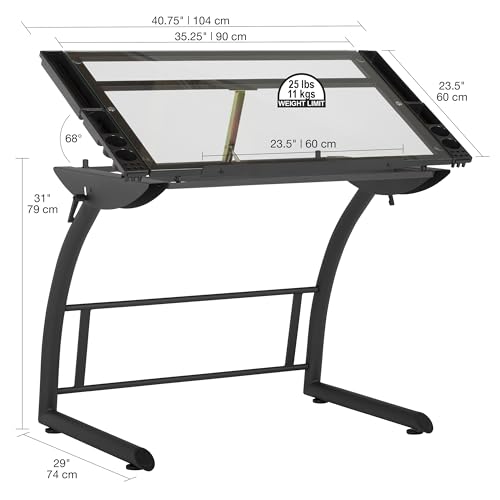 sd studio designs triflex drawing table sit to stand up adjustable office home computer desk 352534 w x 23534 d charcoal blackclear glass