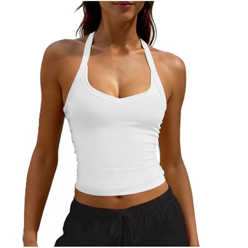 Ribbed Halter Tank Top for Womens V Neck Sexy Backless