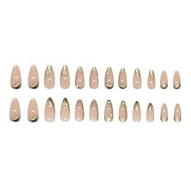 Press on Nails Medium Almond Fake Nails French Tips False Nails with Gold Line Design 24 pcs Stick on Nails for Women