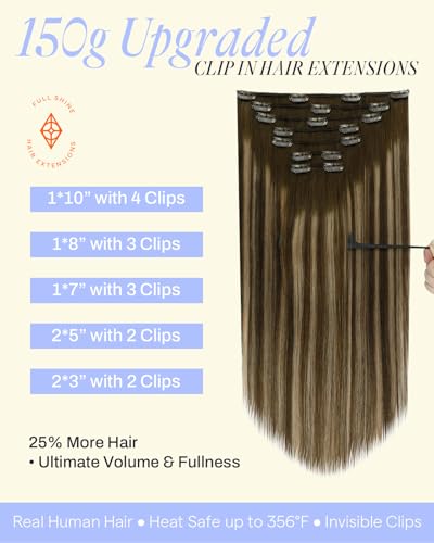 Image of Full Shine Balayage Clip in Hair Extensions, Medium Brown to Honey Blonde | Thick Human Hair Clip in Extensions, Invisible Weft Full Head Hair, 24 Inch 150g 7Pcs, Long Layered Styles, Dense Hair