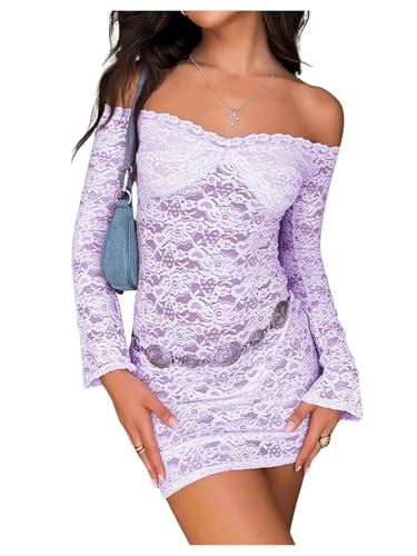 Amazon.com: MakeMeChic Women's Off Shoulder Lace Dress Flounce Sleeve Y2k Ruched Mini Bodycon Dresses Purple Large : Clothing, Shoes & Jewelry