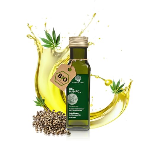 Aura vom Land Bio Premium Hanföl 100ml Kaltgepresst – Hanfsamenöl Vegan & Reich an Omega 3-6-9-Fettsäuren – Hochwertiges Speiseöl auch Haaröl/Körperöl – Bio Oil Hemp Oil Made in Germany