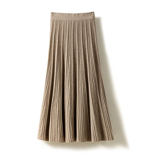 Shouqiao Falda Midi para Mujer Elegante elástica Falda de Cintura Alta Color sólido Falda Plisada Falda de Punto Cómoda Sretchy A-Line Falda Larga, Caqui, M