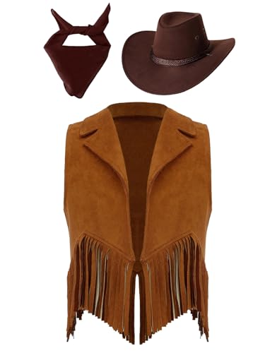 3Pcs Girls Suede Tassels Vest Waistcoat Western Cowboy Cowgirl Outfit for Festival Performance