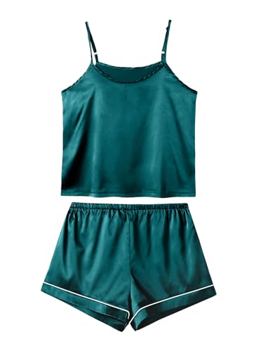 Image of LYANER Women's Silky Satin Pajamas Set | Collar Button Down Long Sleeve Shirt Sleeveless Cami Elastic Waist Shorts and Pants Sleepwear Loungewear 7pcs Pjs Set