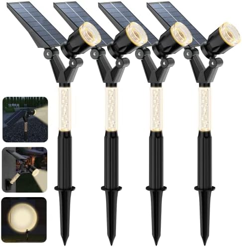 XMCOSY+ Solar Spot Lights Outdoor, Adjustable Solar Lights Outdoor Waterproof, All-in-1 Solar Landscape Spotlights Wall Light, Dusk-to-Dawn Solar Outdoor Lights for Yard, Garden (Warm White, 4 Pack)