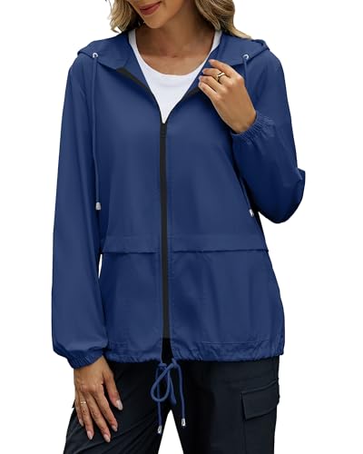 POGTMM Women's Running Rain Jackets Waterproof Windbreaker Windproof Lightweight Cycling Jackets Packable Hooded, XXL, Navy Blue