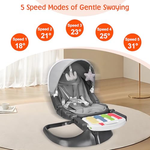 Baby Swings for Infants, Electric Portable Detachable Baby Swing Newborn, 2 in 1 - Baby Booster, Infant Swing with Pedal Piano, 5 Natural Sway Speeds and 3 Recline Positions