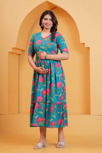 Image of THE Moon Star Women's Cotton Floral Printed Anarkali Maternity Feeding Kurti | Breastfeeding Dress for Mothers | Zipper Feeding Kurti, Nursing Kurti, Comfortable and Trendy Maternity Wear