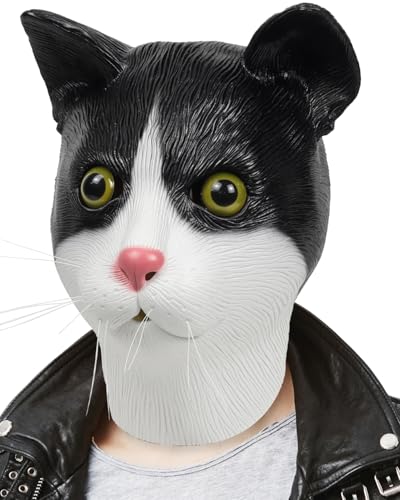 shayulajiao Masque de chat, masque d'animal pour Halloween, cosplay, fête, nouveauté drôle en latex, masque pour adulte, noir et blanc
