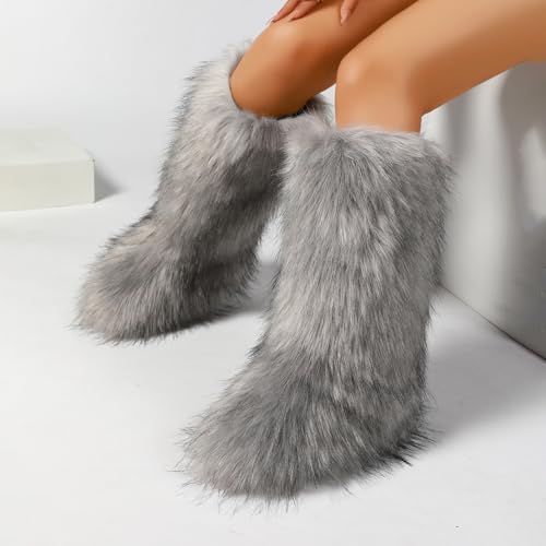 Women's Knee-High Faux Fur Boots - Furry Fluffy Warm Winter Snow Boots with Comfortable Round Toe for Cozy Outdoor and Indoor Use4