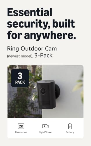 Image of Ring Outdoor Cam, Battery (newest model), Home or business security, Wide-Angle Retinal 2K Video, 6x Enhanced Zoom, Night Vision for true color in low light, 3-Pack, Black