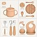27 Pack Silicone Baby Feeding Set, Hepotk BPA-Free Food Grade Baby Feeding Essentials Utensils, Second Stage Baby Food Eating Utensils, Set of 3 babies((Brown, Beige, Grey)