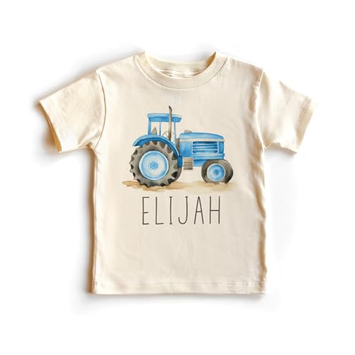 Personalized Tractor Toddler Shirt - Cute Custom Name Farmer - Blue Farm Tractor Tee - Boho Natural Kids Shirts