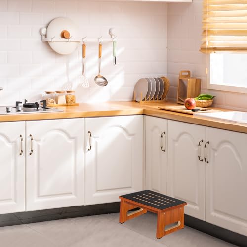 Image of One Step Stool for Adults Seniors with Non-Slip Rubber Stepping Feet, Heavy Duty Wooden Step Stool, 8.7 in Portable Bed Steps for High Beds for Bathroom, Bedroom, Kitchen & Bedside Kids Support