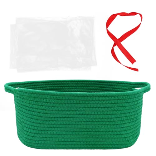Image of Woven Basket with Gift Bags and Ribbons, 14 inchX 10 inch X 6 inch Storage Basket Green | Gift Storage Organizer Basket Bin Shelf Shelves Cotton Rope Basket for Nursery, Pet Toys