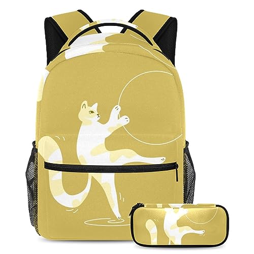 Sac à dos Daypack chat jaune ergonomique et sa trousse d'école assortie