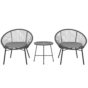 Outsunny 3 Piece Wicker Patio Furniture Set, Acapulco Chair Set with Soft Seat Cushions, Tempered Glass Tabletop, Rattan Bistro Set for Garden, Backyard, Black