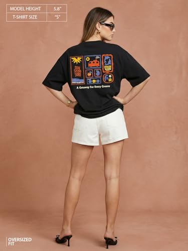 Image of JUNEBERRY Pure Cotton Oversized Drop Shoulder T-Shirt for Women | Front & Back Print, Half Sleeve, Baggy Fit, Round Neck | Sizes S-XXL