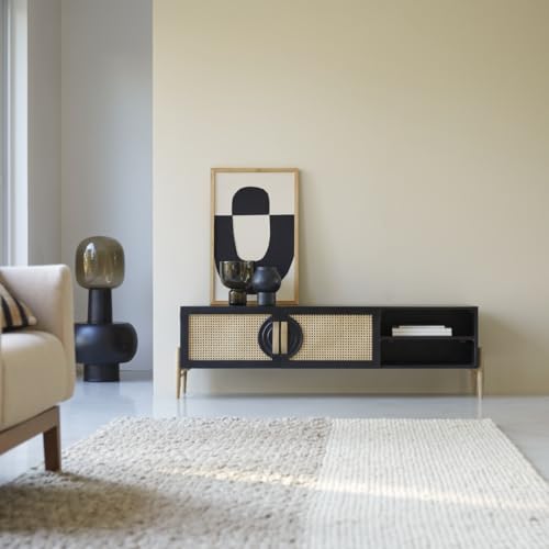 Image of Premium Solid Wood, 10 Minutes Assembly (Legs Only), Aesthetic Rattan Doors, Mid Century Entertainment Center for Living Room, TV Stand for 65 inch TV, Dark Chocolate (Black Unique)