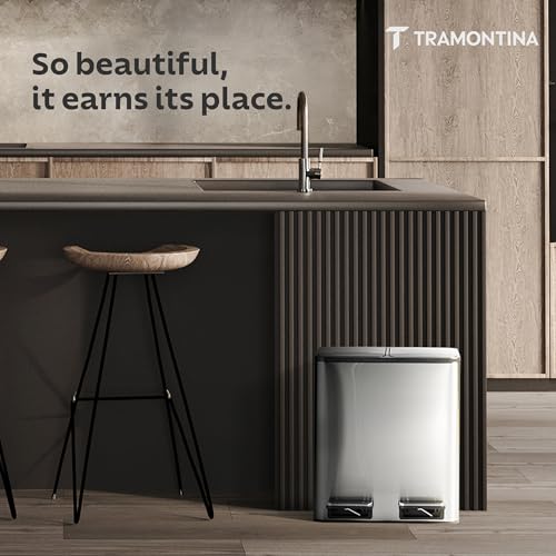 Image of TRAMONTINA 2-in-1 Dual Compartment Dustbin 16L (8L+8L) | Stainless Steel Wet & Dry Trash Can | Soft-Close | Removable Inner Buckets | Anti-Fingerprint | Rectangle Bin