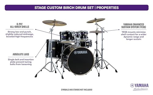 Image of Yamaha Stage Custom Birch 5pc Drum Shell Pack With a 20 inch Kick Drum and 14 inch Snare Drum in Raven Black For Students and Working Drummers (SBP0F50RB)