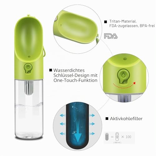 PETKIT EVERSWEET Tragbare Trinkflasche für Hund, Haustiere,BPA frei, Wasserschüssel,400ml,Grün
