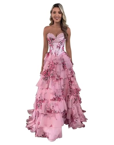 EdekElls Strapless Corset Prom Dresses for Women Tiered A Line Chiffon Formal Evening Party Gown with Slit