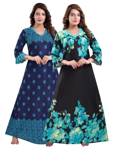 Image of Fabme Women's Crepe Printed Flare Nighty with Long Sleeves /Night Gown /Nightwear /Maxi - Value Combo