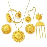 ETH-JE-G Ethiopian Traditional Jewelry Set for Women: 6pcs Wedding Set Includes Earrings, Necklace, Ring, Bangle, Hair Chain, Hairpin (Gold Color)