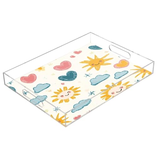 BOESI Doodle Sun and Heart Acrylic Decorative Dining Tray, Acrylic Decorative Tray Organizer with Handle for Kitchen, Dining Room, Bathroom, Dresser
