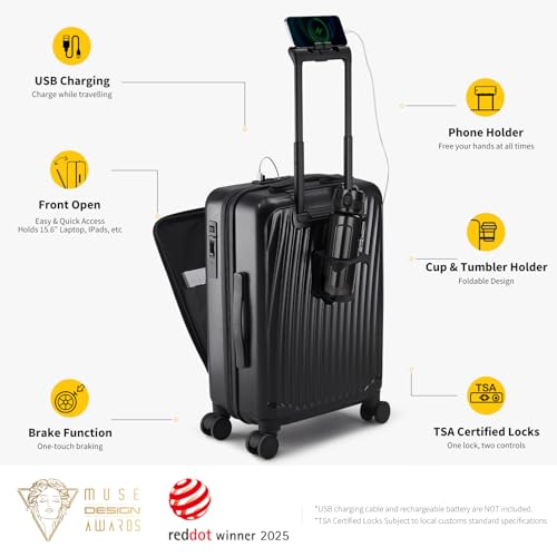 OIWAS 20 Inch Carry On Luggage, Front Pocket Carryon Suitcase with Phone Holder & Cup Holder, Airline Approved Hardshell Luggage with Double TSA Lock, USB Port, One-Click Brake, Black4