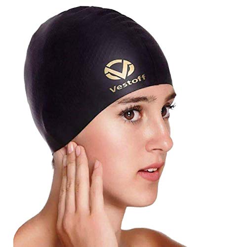 Vestoff 48 Hour Sales Today Premium Solid Silicone Swim Cap for Women Men Kids with Anti-Slipping Technology Odor-Free Easy To Use Flexible and Durable Black