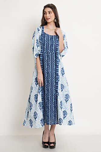 Image of COTLAND Fashions Jaipuri Cotton Flared Strappy Dress with Jacket for Women
