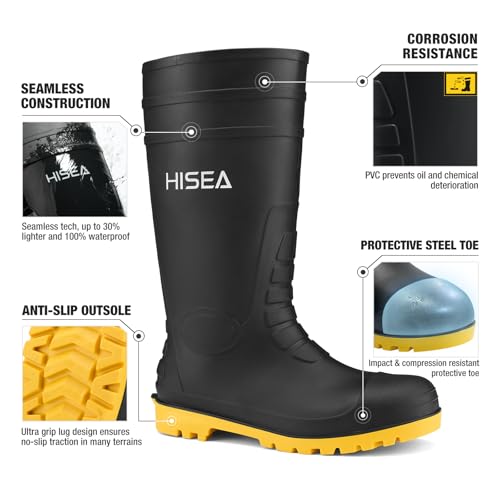 Image of HISEA Men's Steel-Toe Rain Boots, Rubber Boots Waterproof Slip Resistant