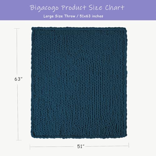Bigacogo Chunky Knit Throw Blanket for Couch, 51x63 inches, 100% Hand Knitted with Thick Jumbo Chenille Yarn, Cozy Soft Large Rope Knot Cable Crochet Blankets for Sofa Bed Living Room, Deep Sea Blue