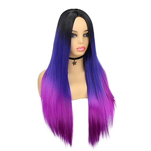 Wiger Rainbow Wigs For Women Black To Blue To Purple Long Straight Colored Ombre Hair Wigs Synthetic Heat Resistant Fiber Cosplay Wig For Girls #TOP2