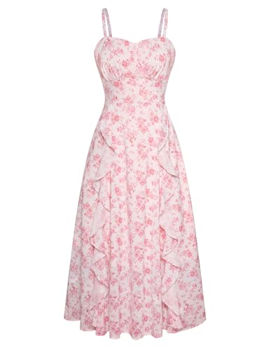 Belle Poque Pink Floral Midi Dress for Women Summer Long Flowy Bohemian Dress Going Out Pink Toile L