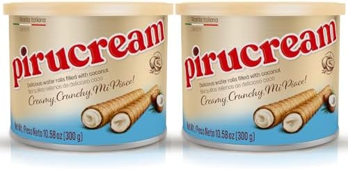 Pirucream Wafer Rolls – Delicious Crispy Coconut Creme Rolled Wafers Bites Filled Italian Snack Sticks Coco Roll, Relaxation Moment, Sweet Snack, Cookie Snacking Break (300 Gr/ 10.58 Oz – 2 Pack Tin)