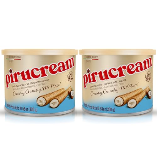 Pirucream Wafer Rolls – Delicious Crispy Coconut Creme Rolled Wafers Bites Filled Italian Snack Sticks Coco Roll, Relaxation Moment, Sweet Snack, Cookie Snacking Break (300 Gr/ 10.58 Oz – 2 Pack Tin)