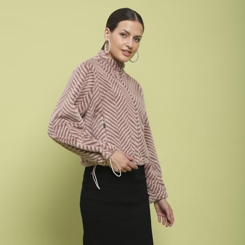 Image of Madame Geometric Pattern Zipped Brown Sweatshirt for Women