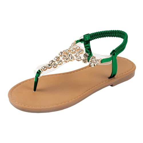 Genérico Sandalias Mujer Comodas Sandalias de playa con punta plana y agujeros con 𝐝iamantes de imitación para mujer Zapatos Plateados Fiesta (Green, 36)