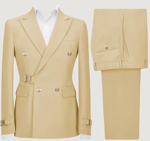Mens 2 Piece Suit Slim Fit Double Breasted Suit Men Metal Buckle Casual Blazer Jacket Pants Outfit4