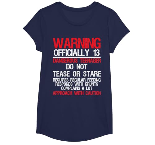 13 Years Old Warning Dangerous Teenager 13th Birthday T-Shirt, Girls, Navy Blue, Medium
