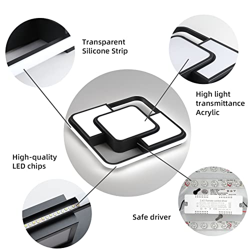 62W Dimmable Led Flush Mount Ceiling Light Fixture With Remote Control, 3000K-6500K 3-Color Chandelier Modern Lamp Black, 15.74Inch Close To Ceiling Dining Room Bedroom Square Kitchen Lights #TOP1