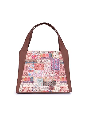 Image of ZOUK Printed Jute Handcrafted Vegan Leather Grey Women's Stylish Tote Bags | Trapezia Tote| Shoulder bag with double handle