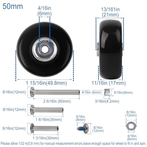 Ensemble de remplacement des roues à bagages, 4PCS 50 x 18mm PU Valises Roulette pivotante avec 3 Roulement à essieu de taille pour sac à valises à bagages